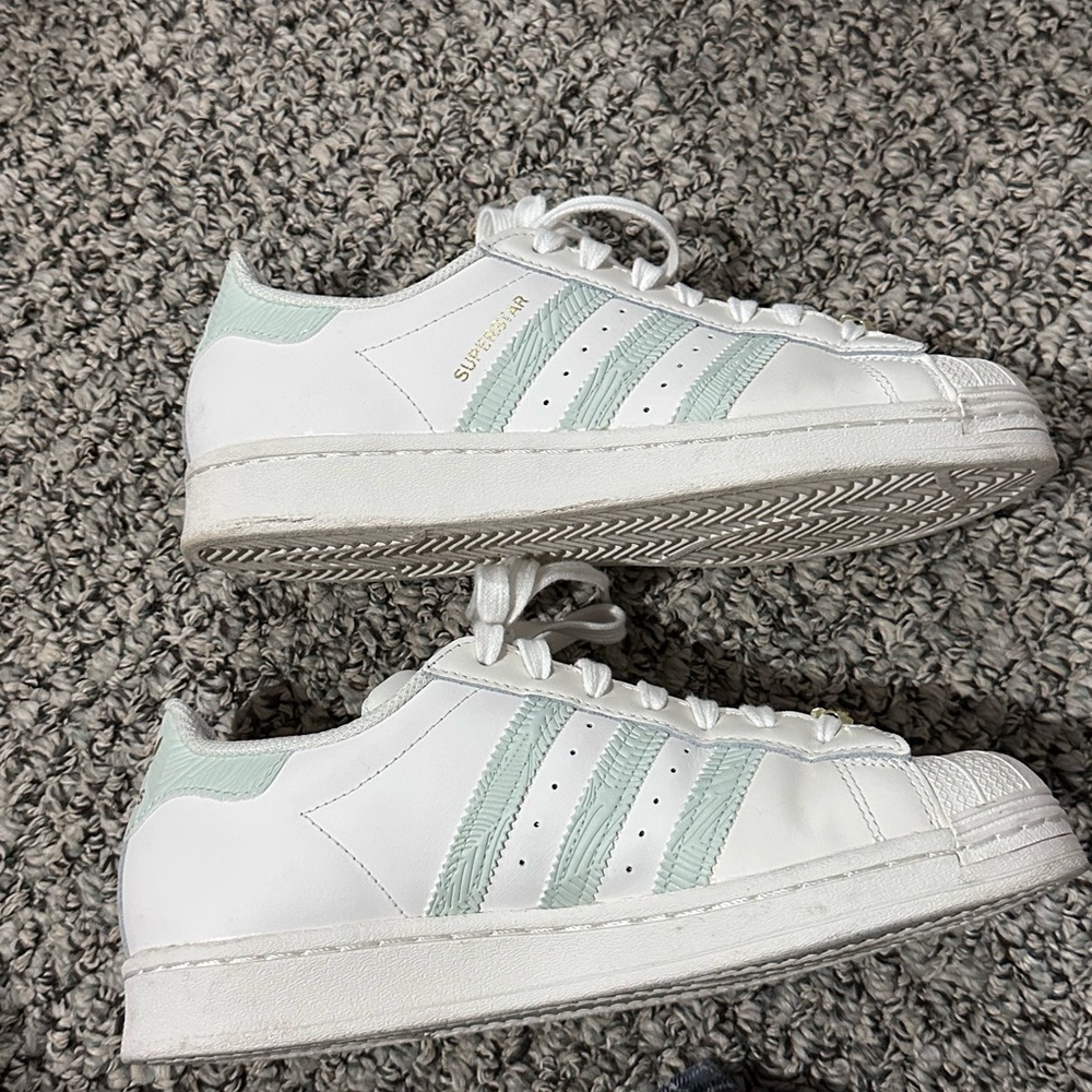 Adidas White and Light Green Superstar Sneakers